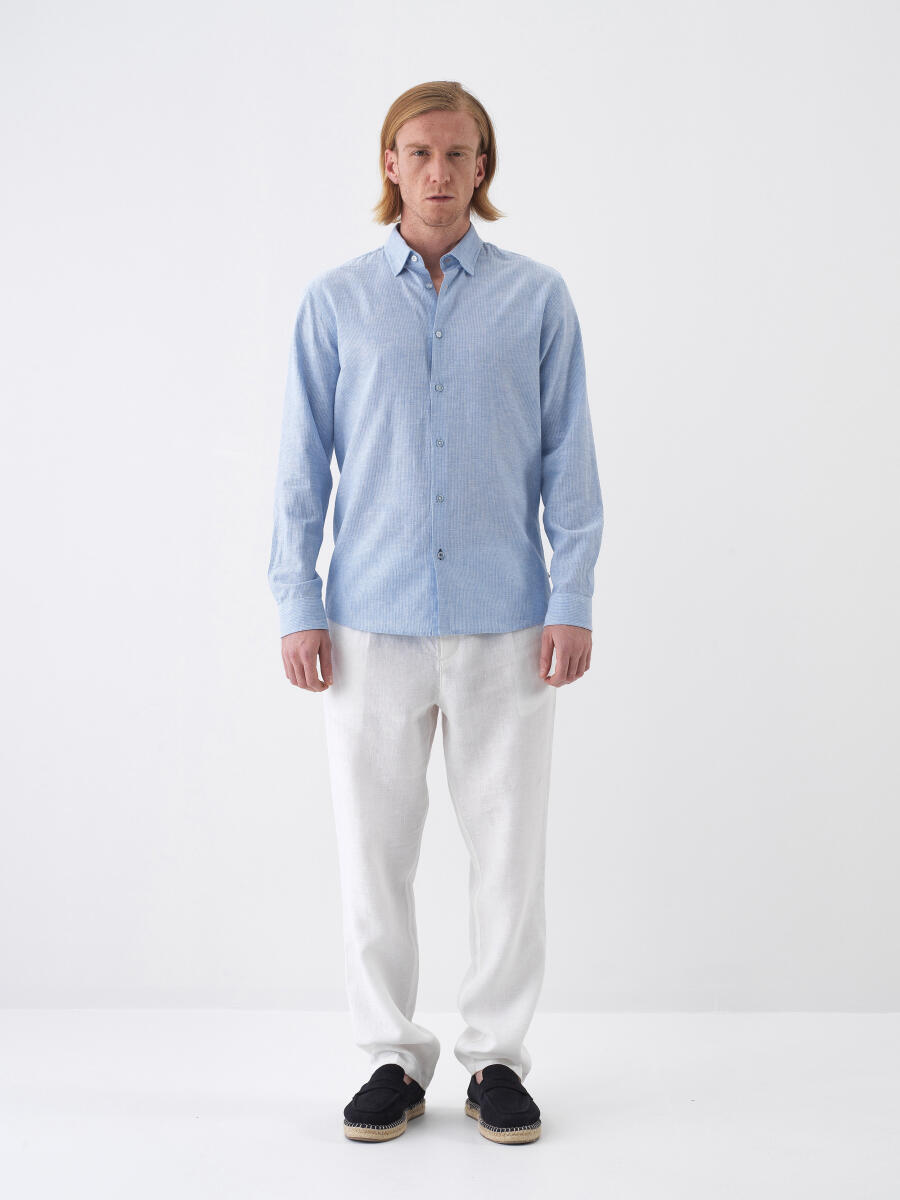 Beyaz Regular Fit Keten Basic Pantolon - 2