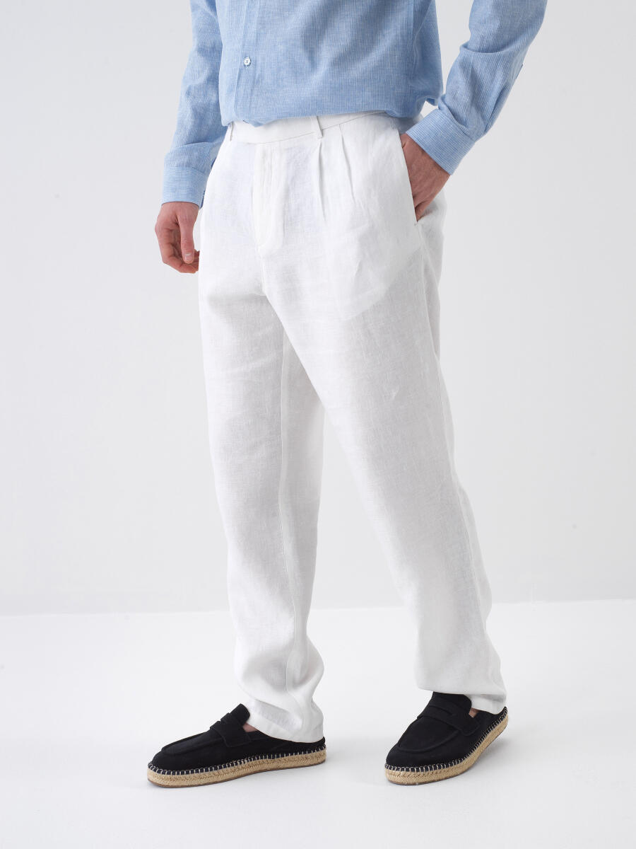 Beyaz Regular Fit Keten Basic Pantolon
