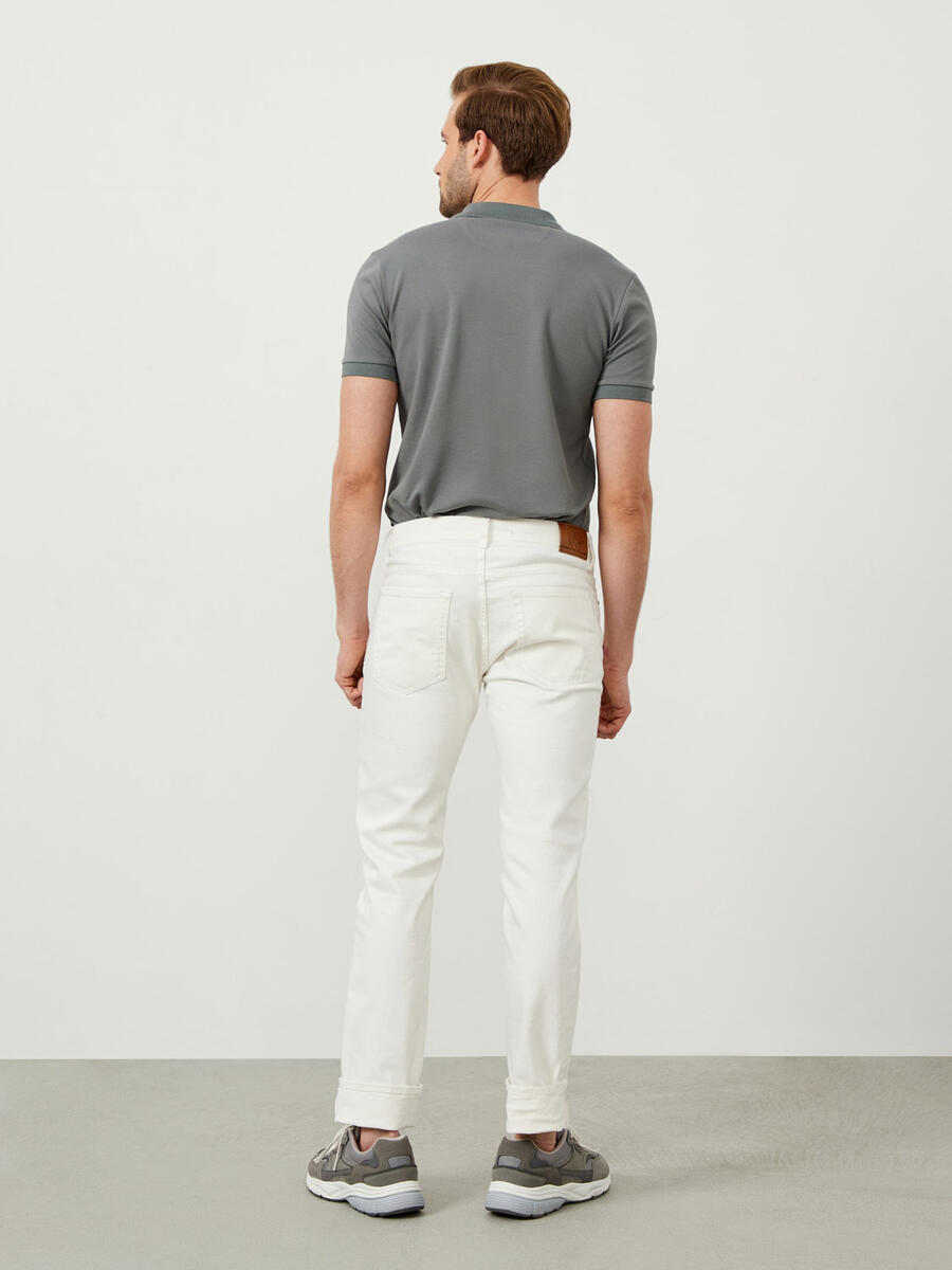 Beyaz Slim Fit Pamuklu Denim Pantolon - 4