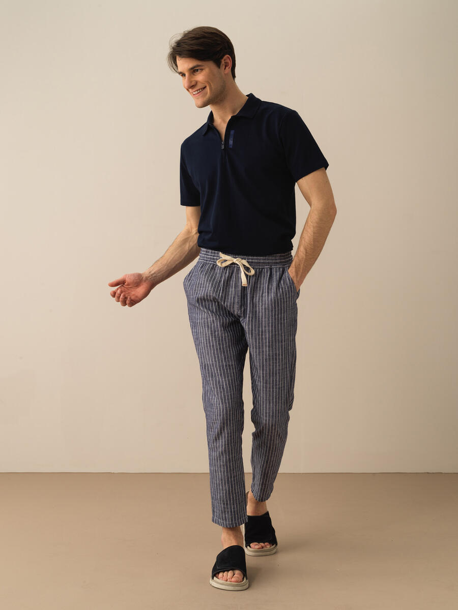 Lacivert Regular Fit Keten Pantolon - 2