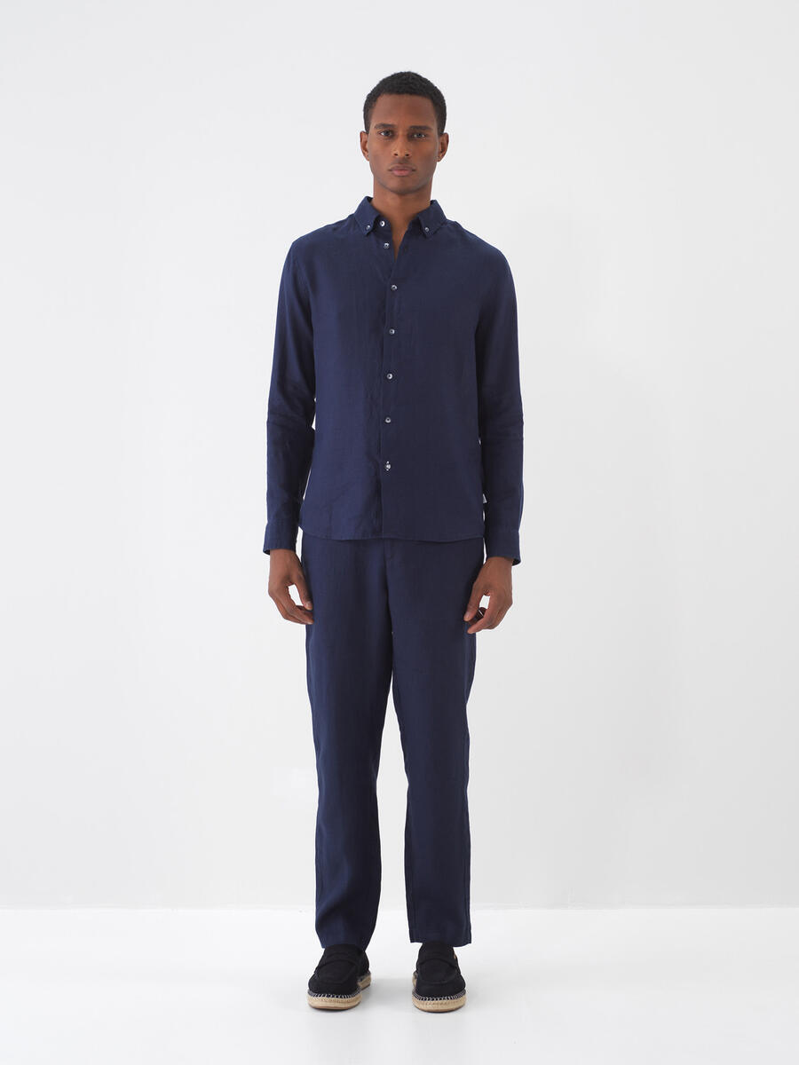 Lacivert Regular Fit Keten Basic Pantolon