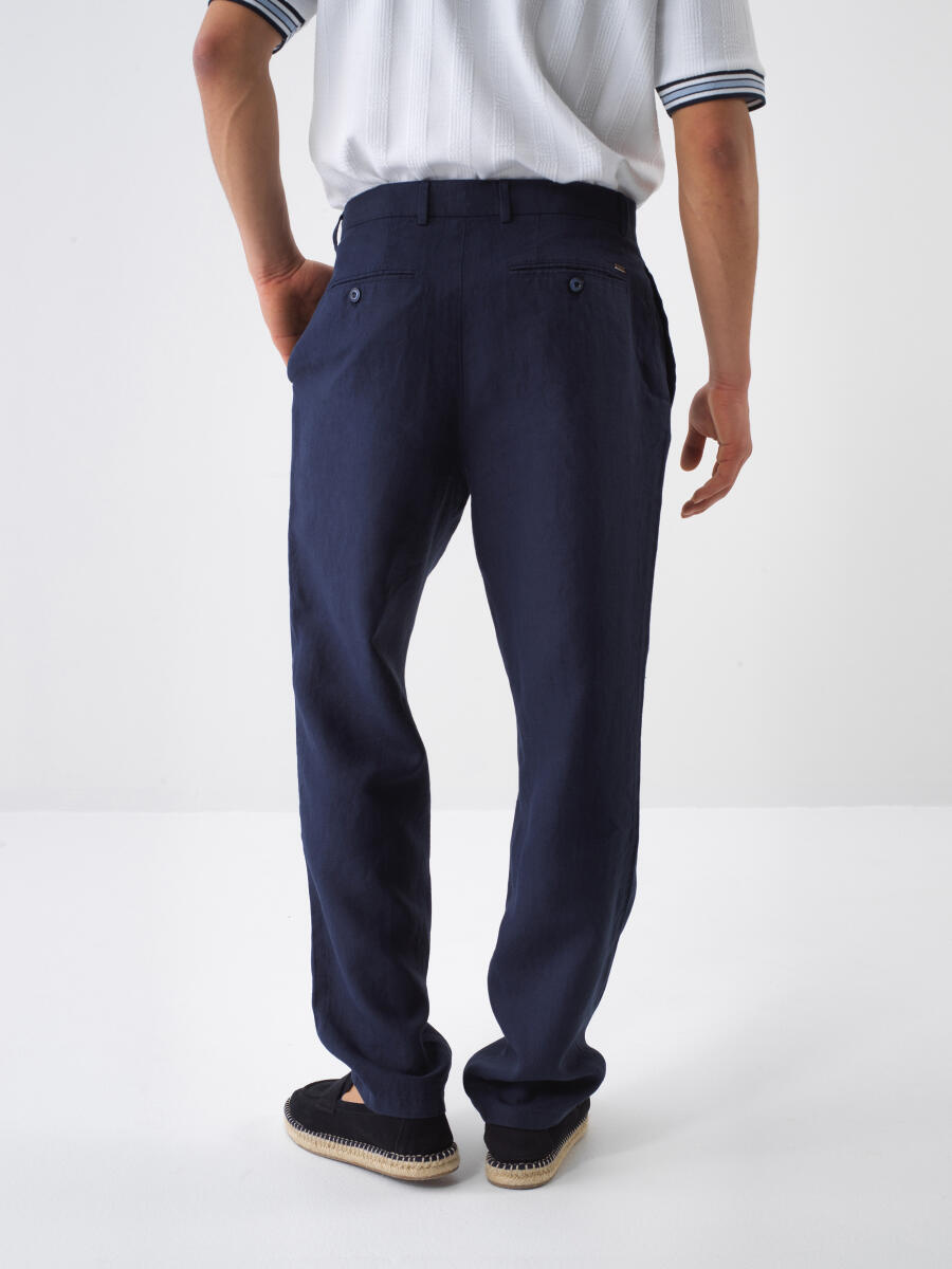 Lacivert Regular Fit Keten Basic Pantolon - 4