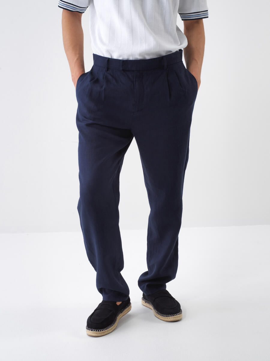 Lacivert Regular Fit Keten Basic Pantolon