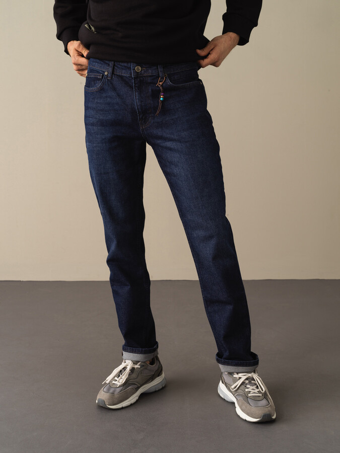 Lacivert Pamuk Dokulu Pamuklu Slim Fit Denim Pantolon - Xint