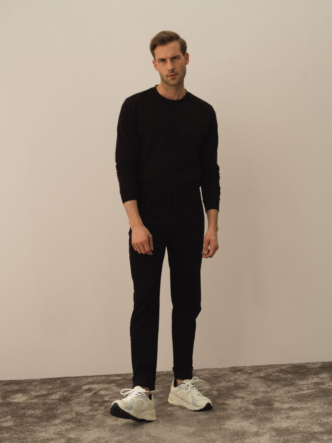 Siyah Pamuk Dokulu Slim Fit Pantolon - Xint