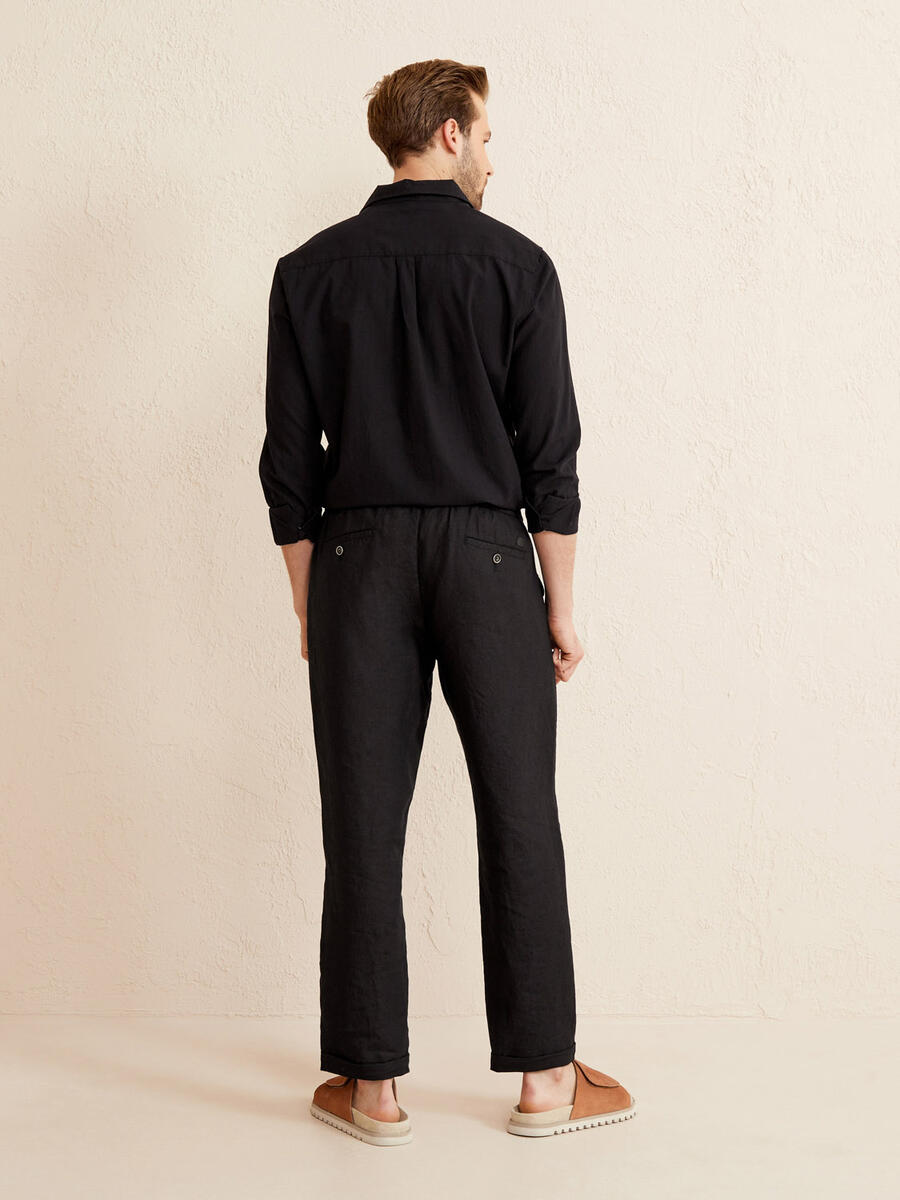 Siyah Regular Fit Keten Basic Pantolon - 4