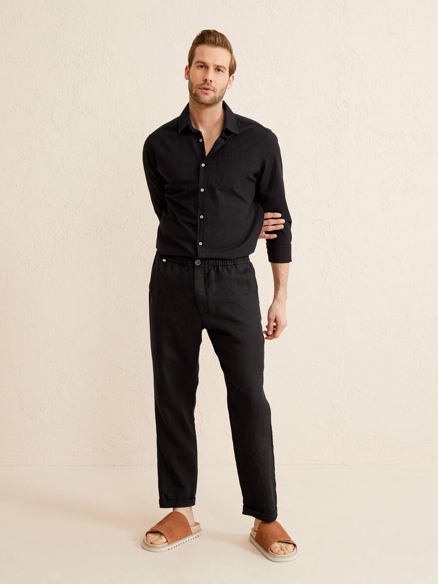 Siyah Regular Fit Keten Basic Pantolon - 2