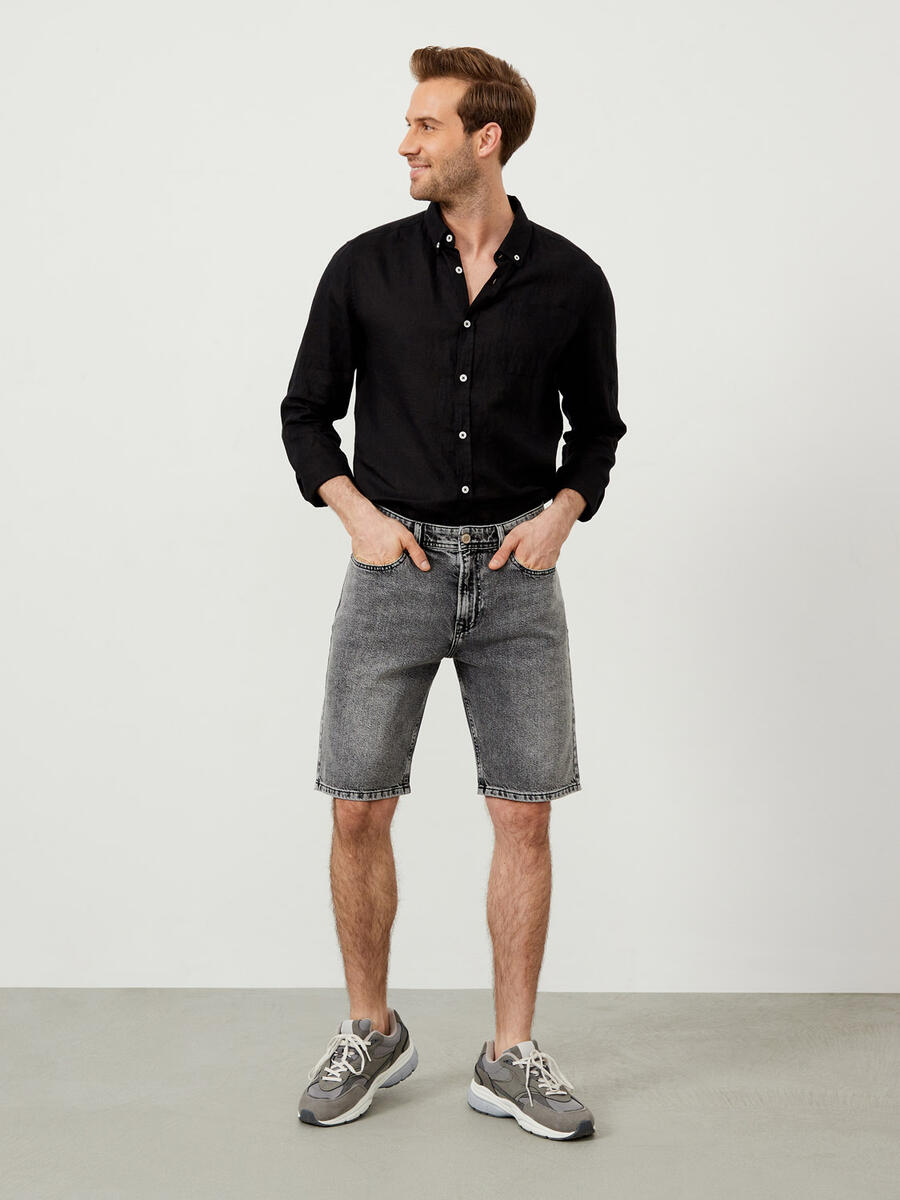 Gri Regular Fit Pamuklu Denim Şort - 2