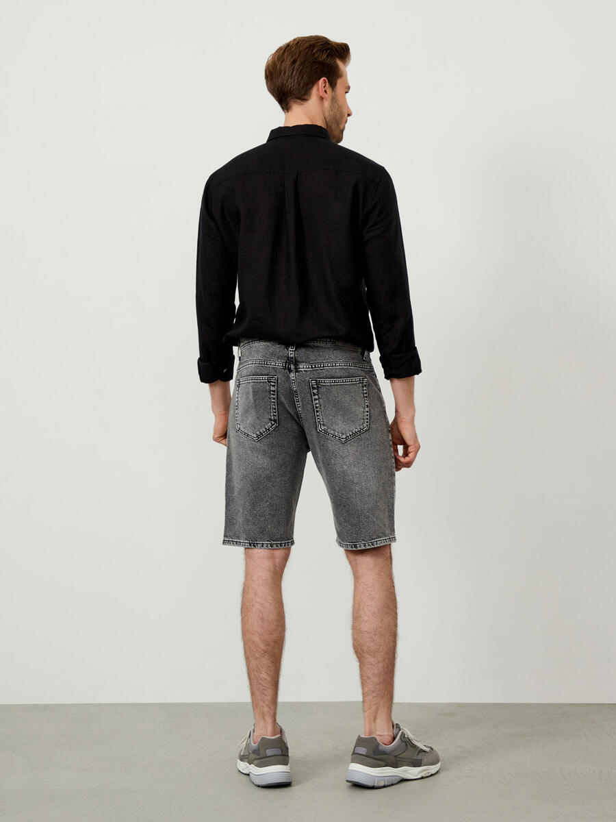 Gri Regular Fit Pamuklu Denim Şort - 4