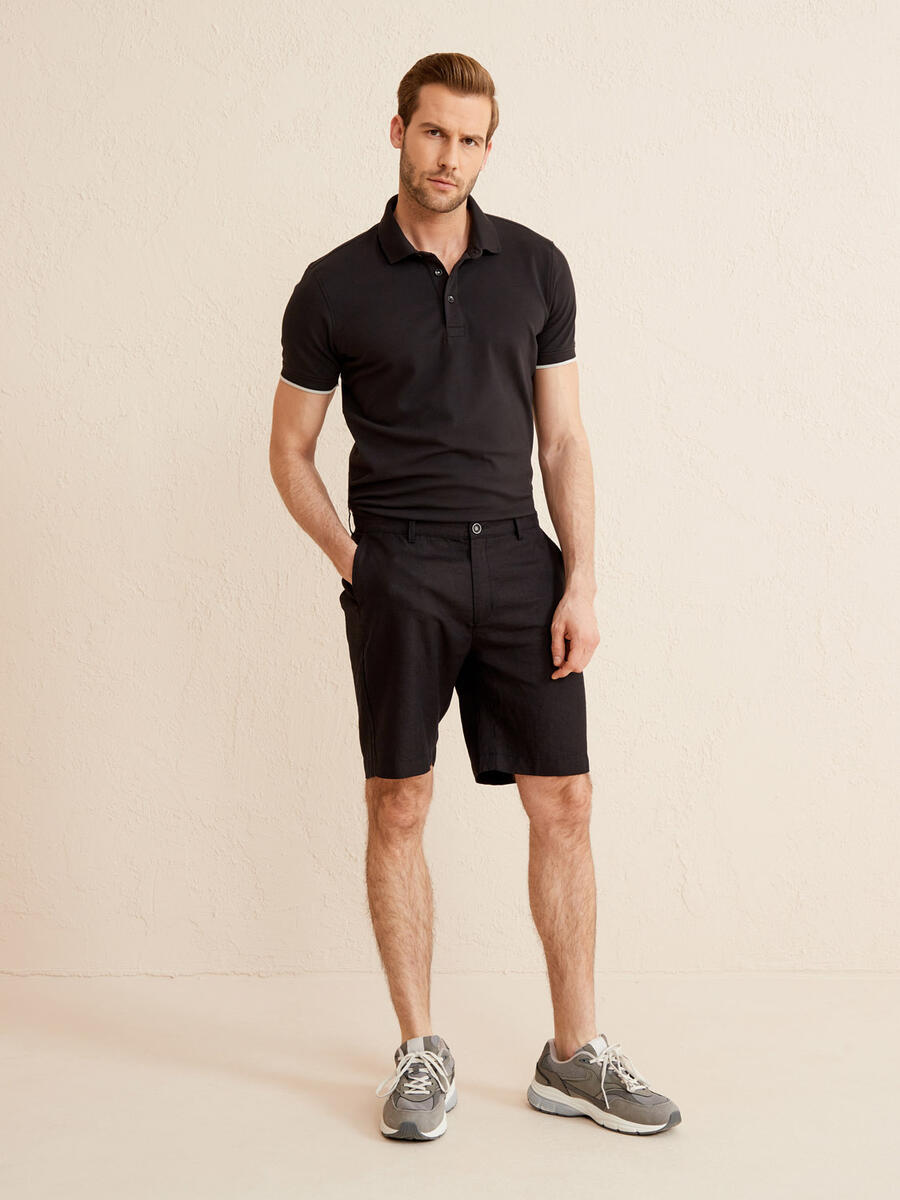 Siyah Regular Fit Keten Basic Şort - 2