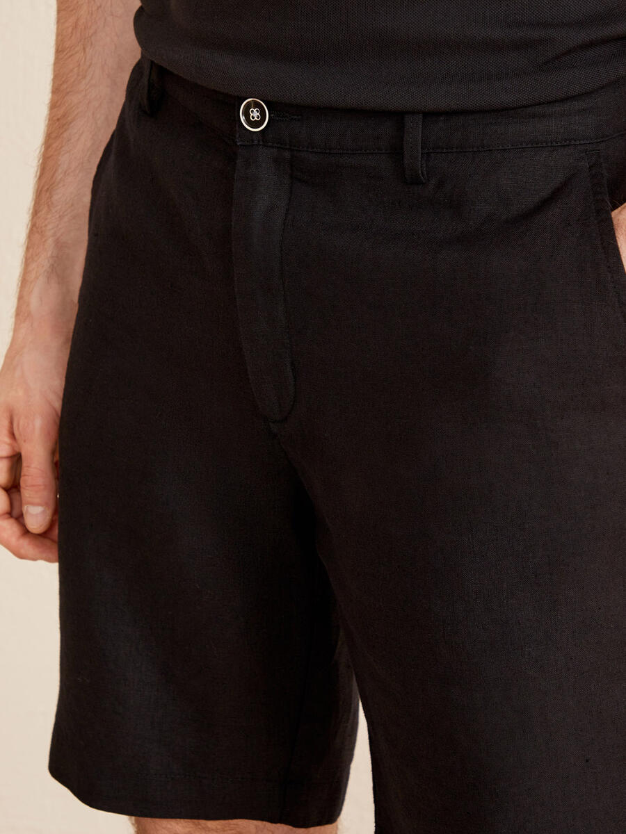Siyah Regular Fit Keten Basic Şort - 3