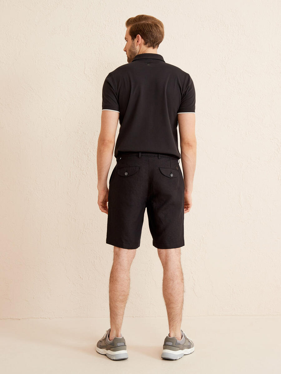 Siyah Regular Fit Keten Basic Şort - 4
