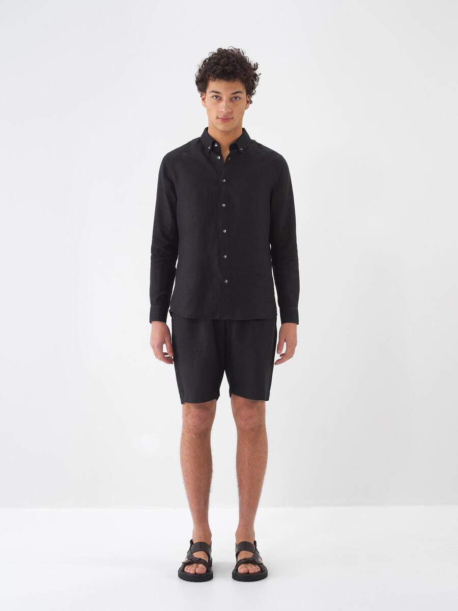 Siyah Regular Fit Keten Basic Şort - 2