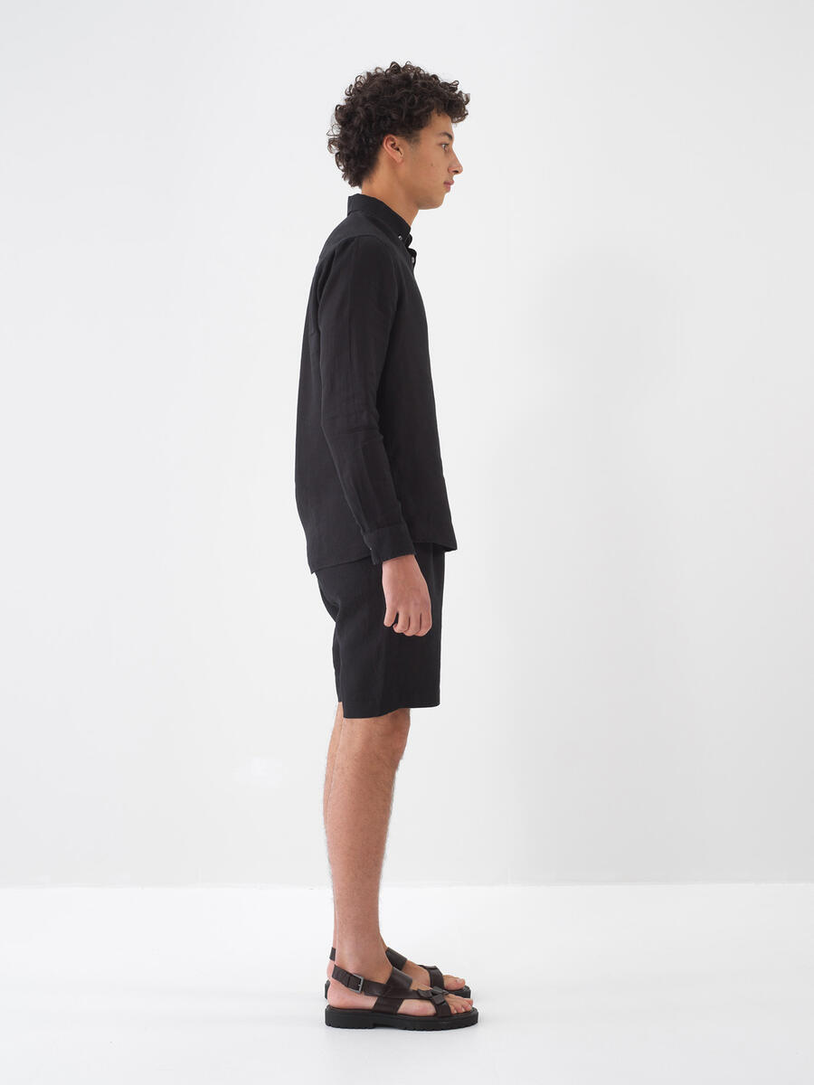 Siyah Regular Fit Keten Basic Şort - 3