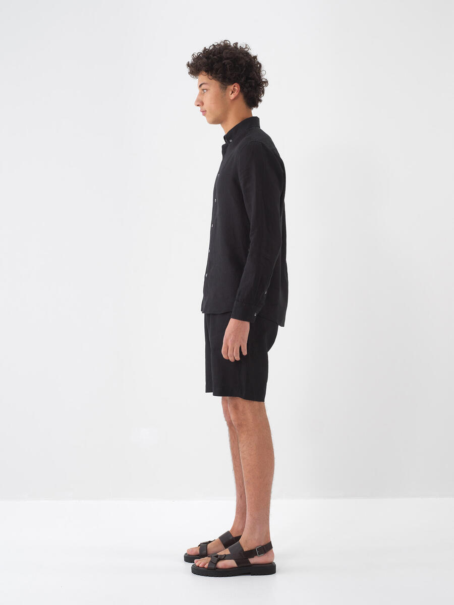 Siyah Regular Fit Keten Basic Şort - 4