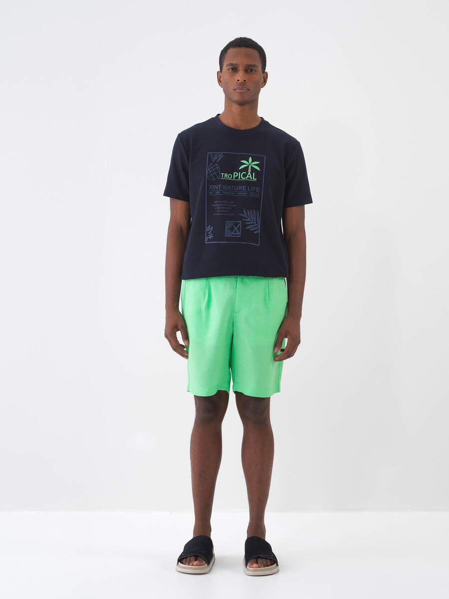 Yeşil Regular Fit Keten Şort - 2
