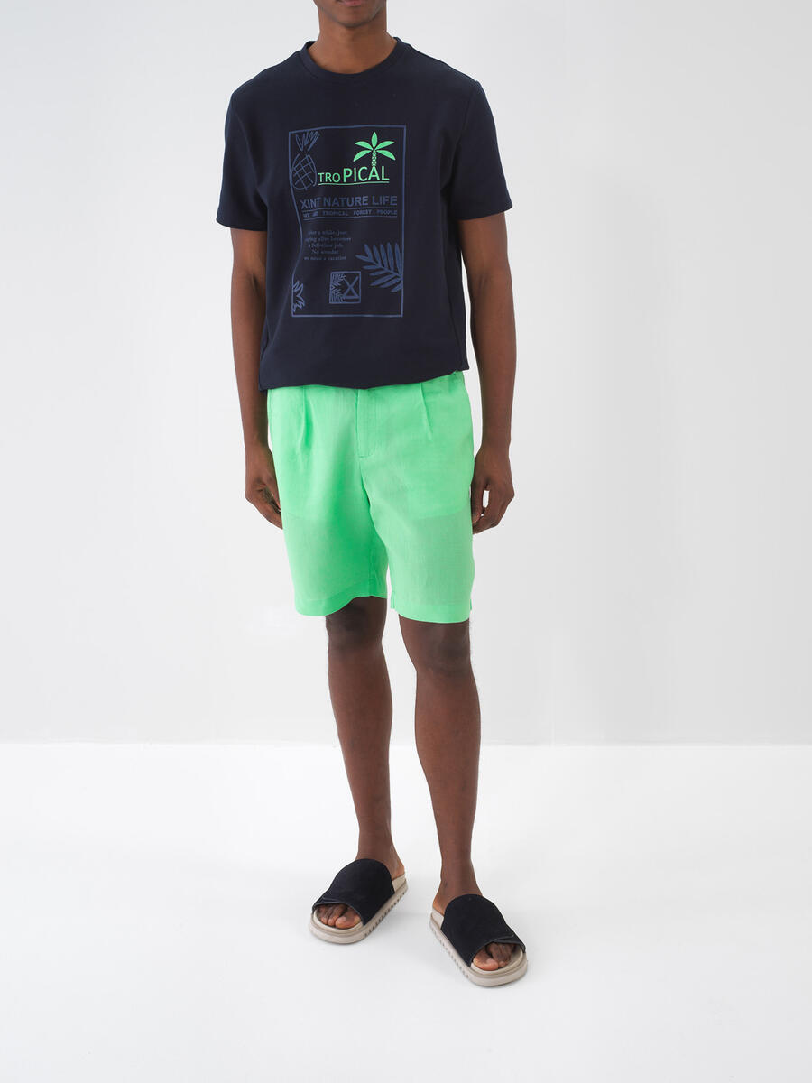 Yeşil Regular Fit Keten Şort