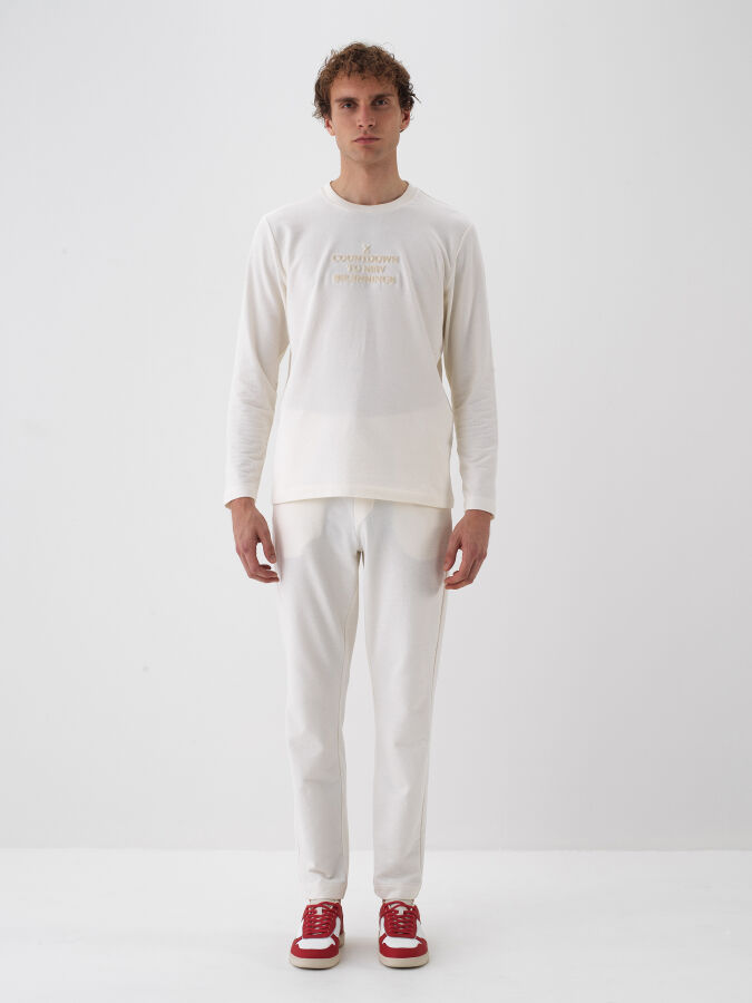 Ekru Pamuk Dokulu Regular Fit Sweat Pantolon - Xint