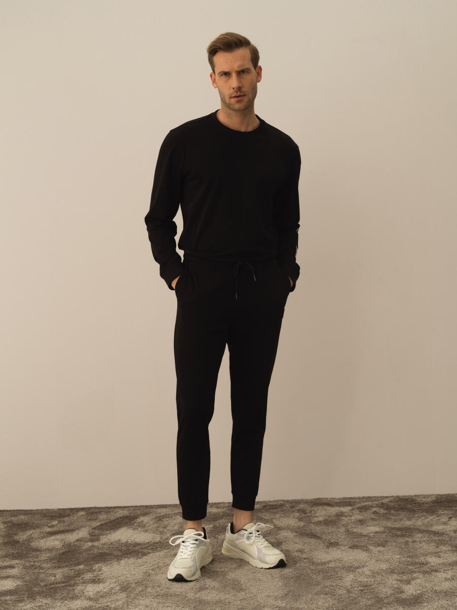 Siyah Pamuk Dokulu Regular Fit Sweat Pantolon - 2