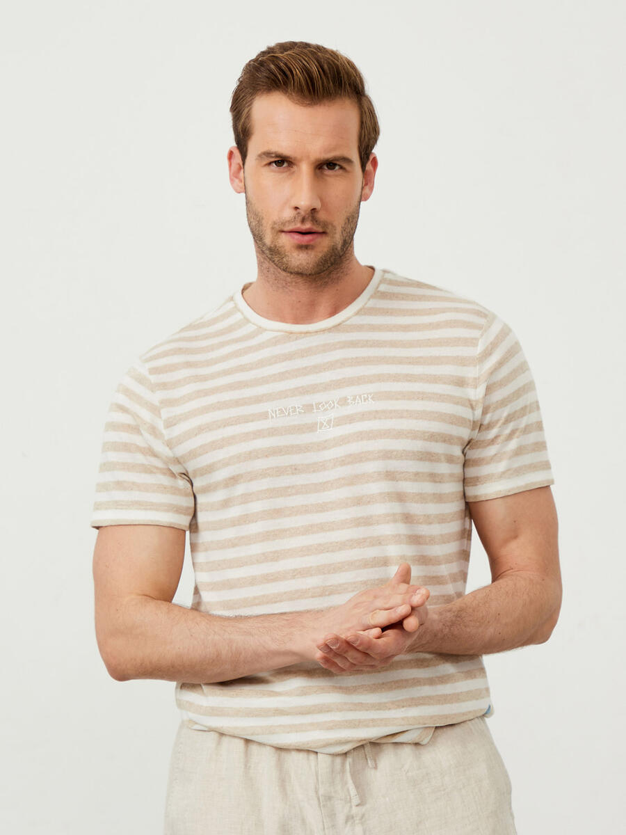 Bej Regular Fit Keten Tişört - 3