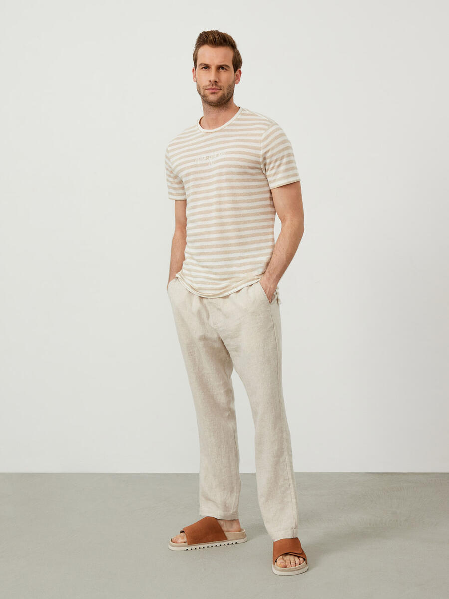 Bej Regular Fit Keten Tişört - 2