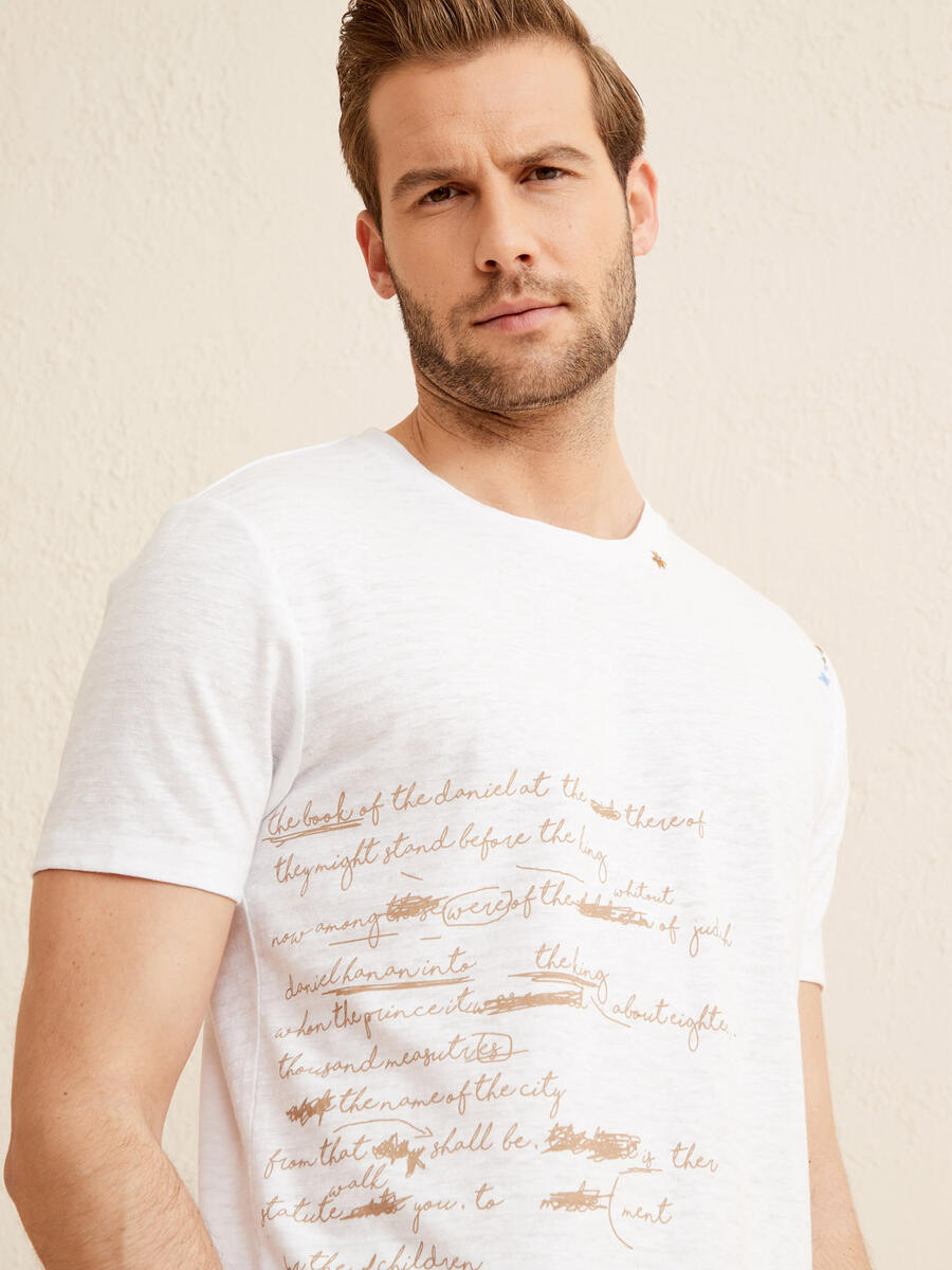 Beyaz Regular Fit Keten Tişört - 3
