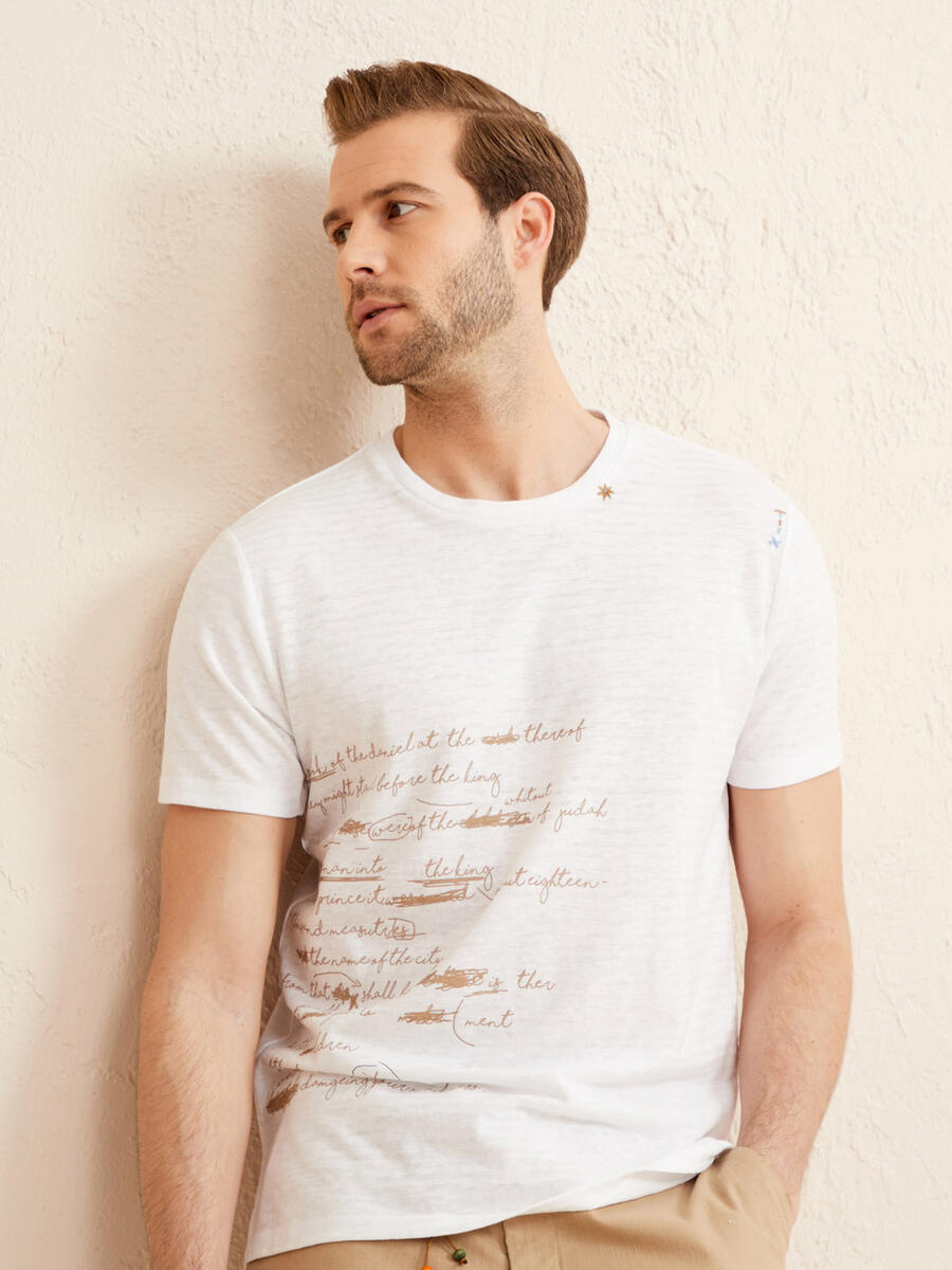 Beyaz Regular Fit Keten Tişört - 4