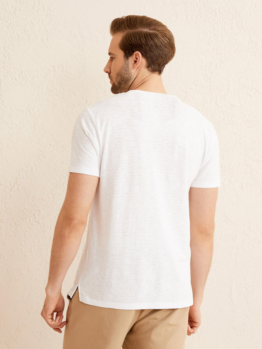 Beyaz Regular Fit Keten Tişört - 5
