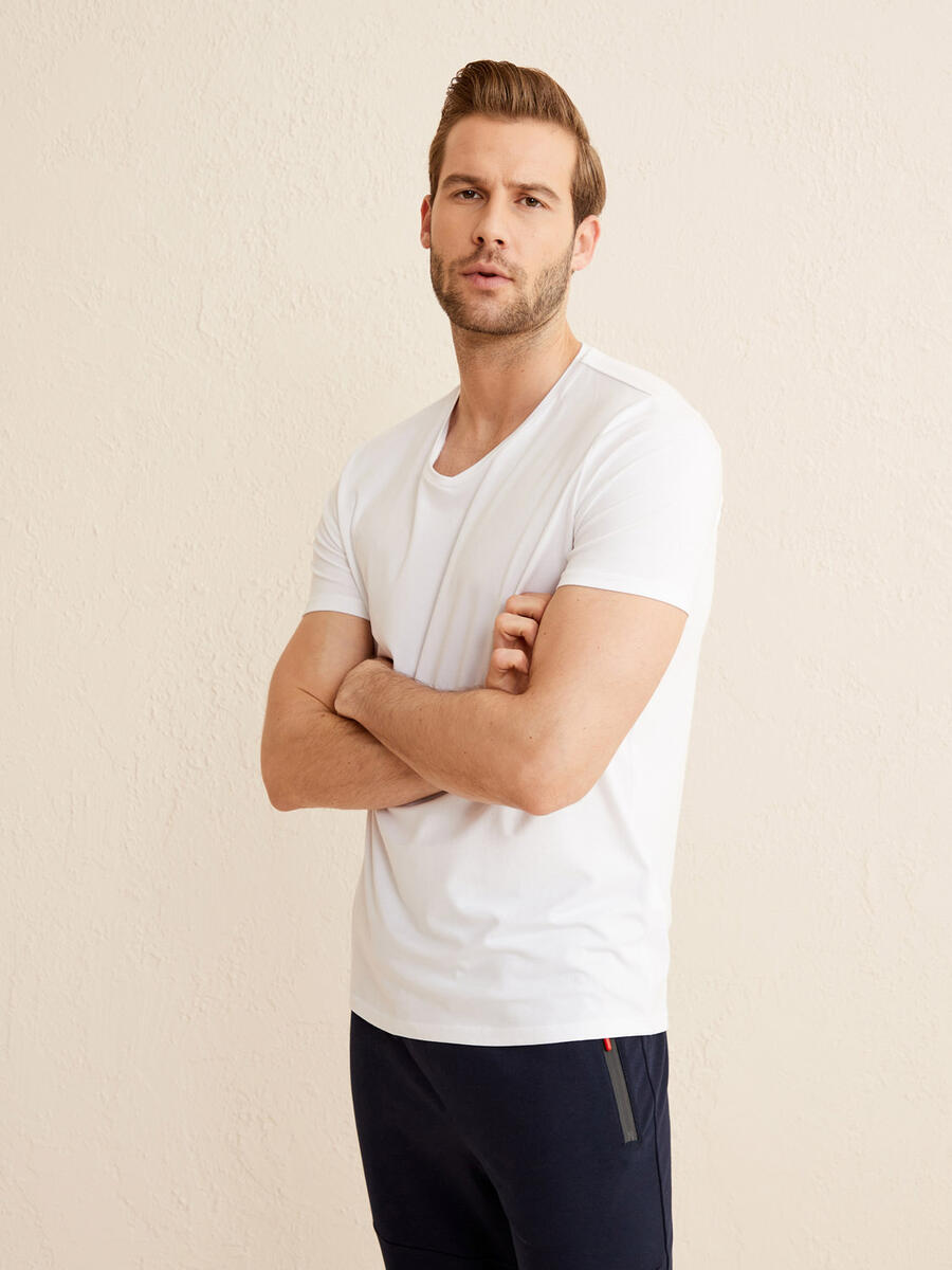 Beyaz Slim Fit Pamuklu Basic Tişört - 3