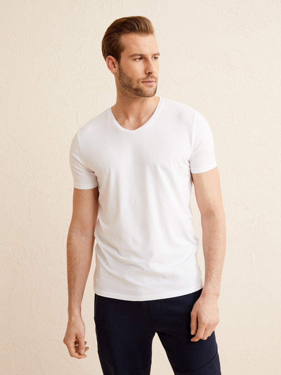 Beyaz Slim Fit Pamuklu Basic Tişört