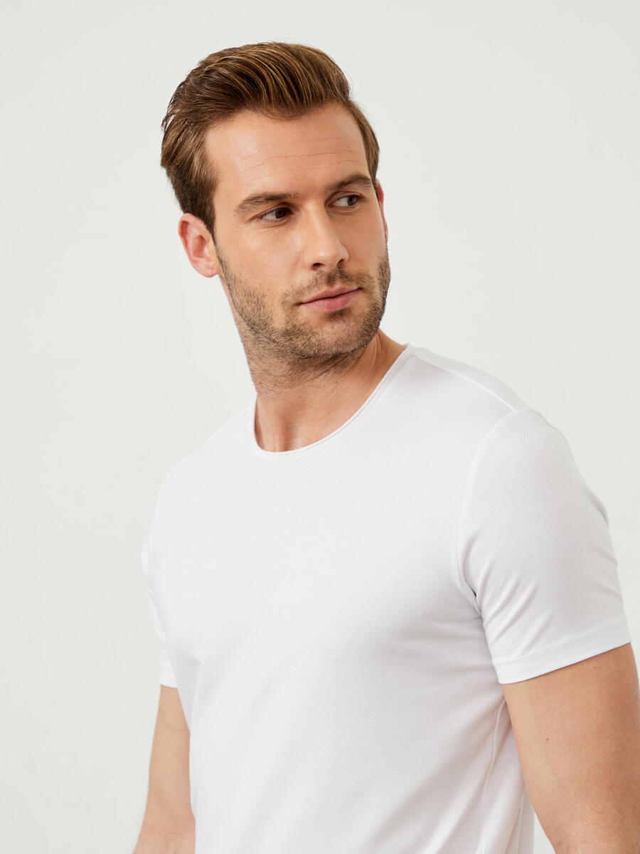 Beyaz Slim Fit Pamuklu Basic Tişört - 3