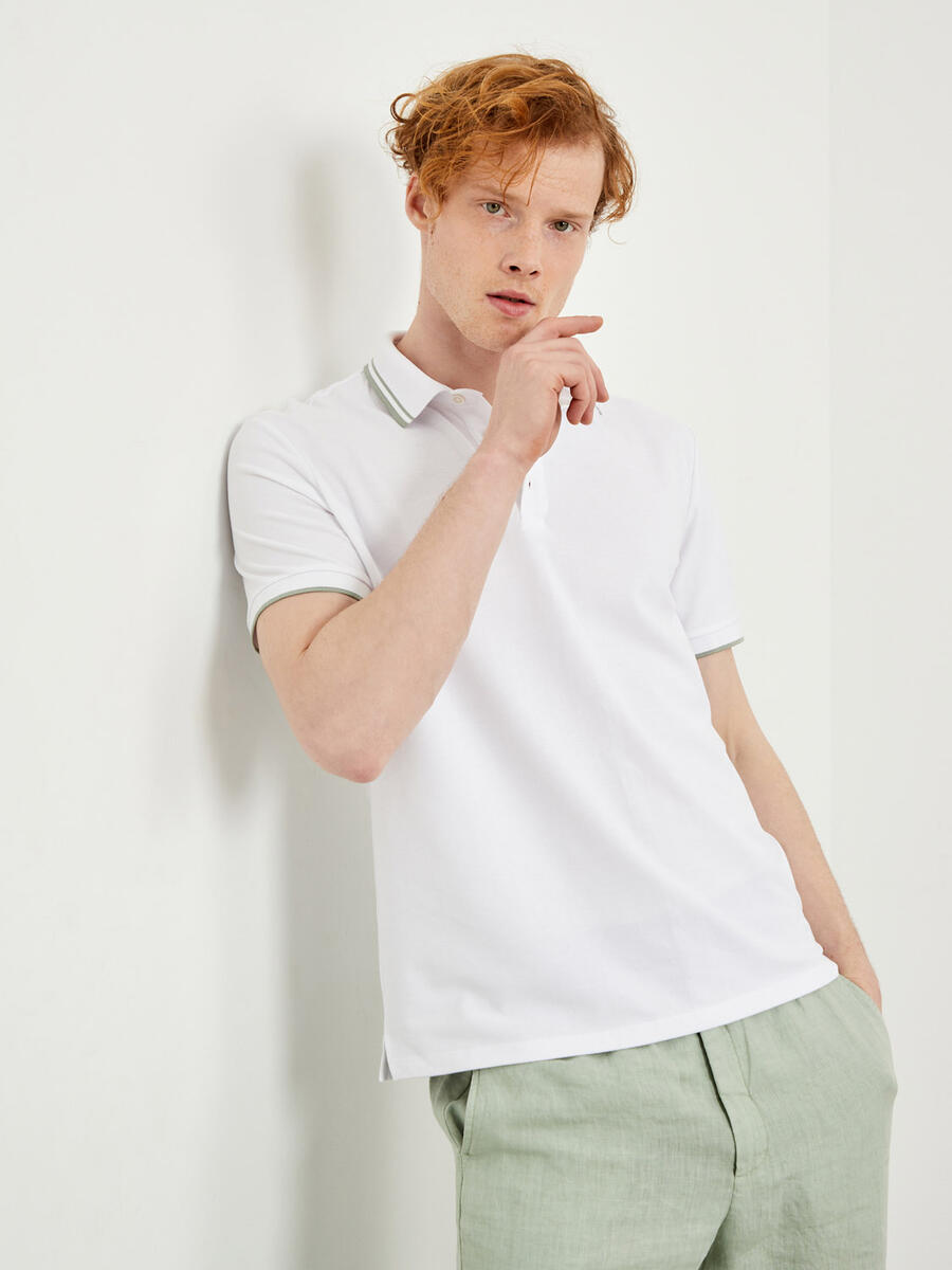 Beyaz Slim Fit Pamuklu Polo Yaka Basic Tişört - 3