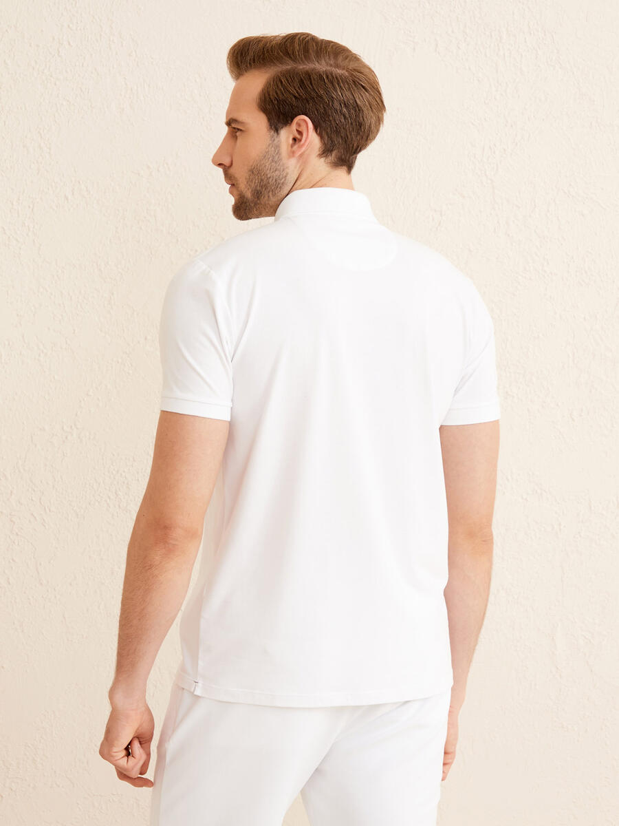 Beyaz Slim Fit Pamuklu Polo Yaka Basic Tişört - 4