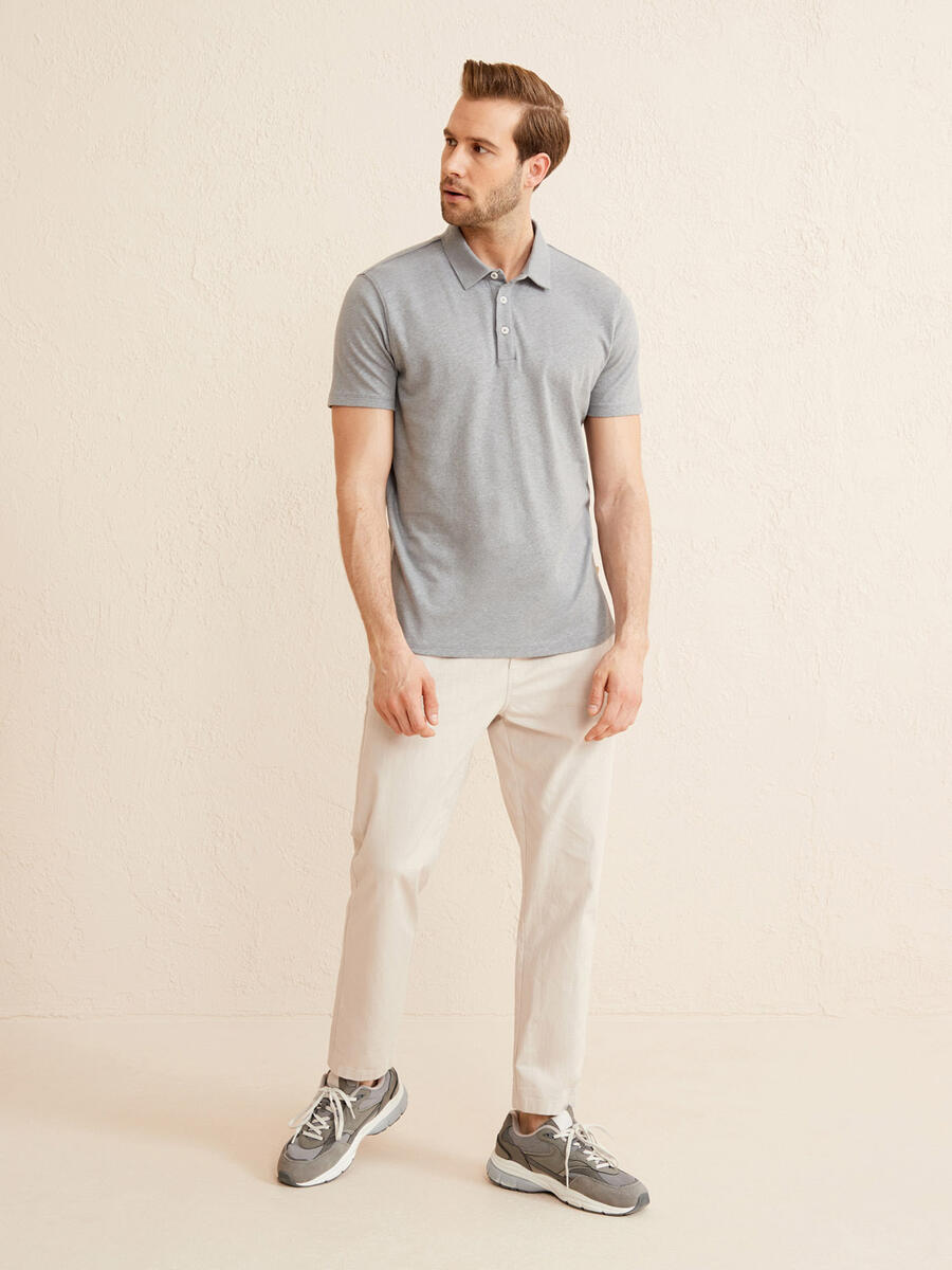 Gri Regular Fit Keten Polo Yaka Tişört - 2