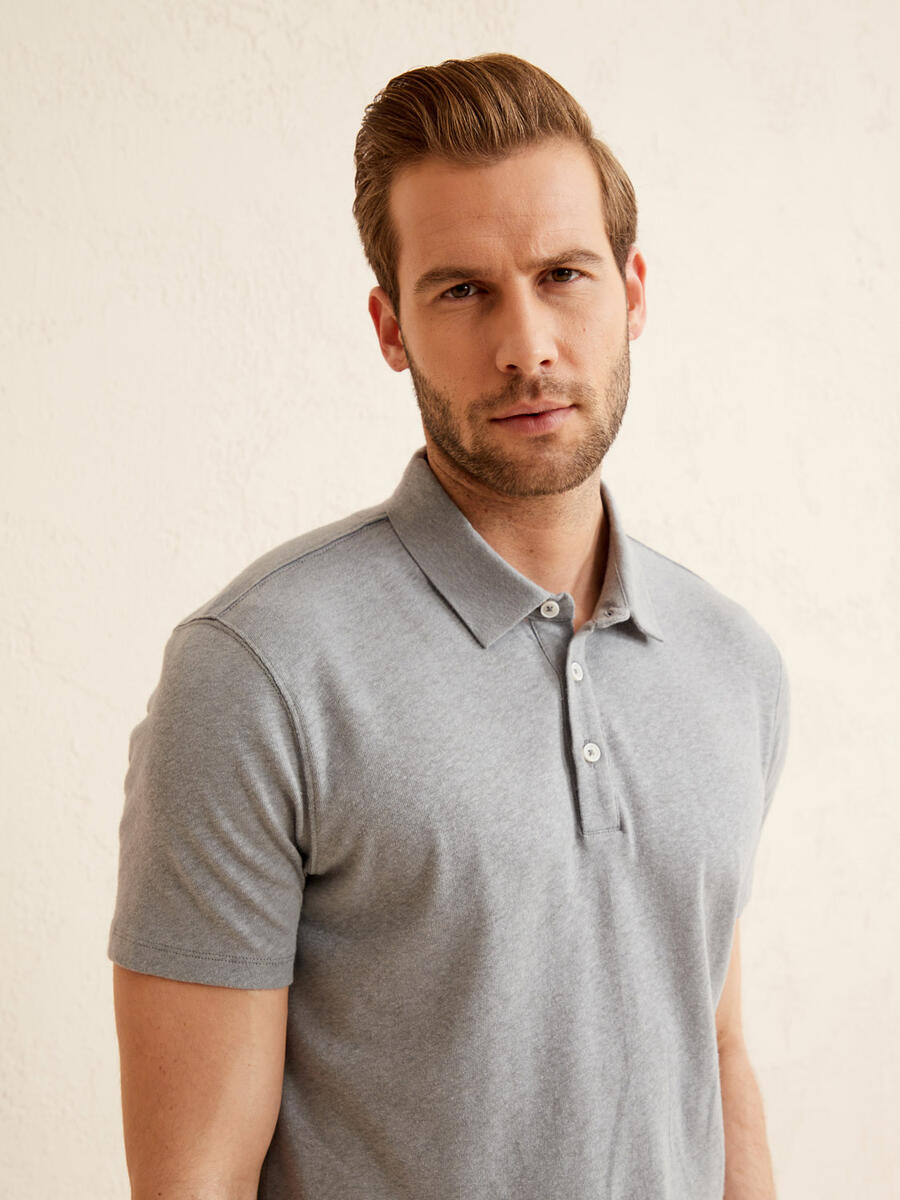 Gri Regular Fit Keten Polo Yaka Tişört - 3