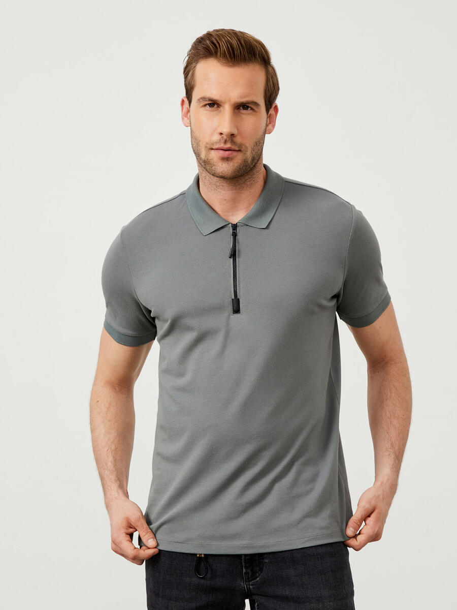 Gri Regular Fit Pamuklu Polo Yaka Tişört - 3