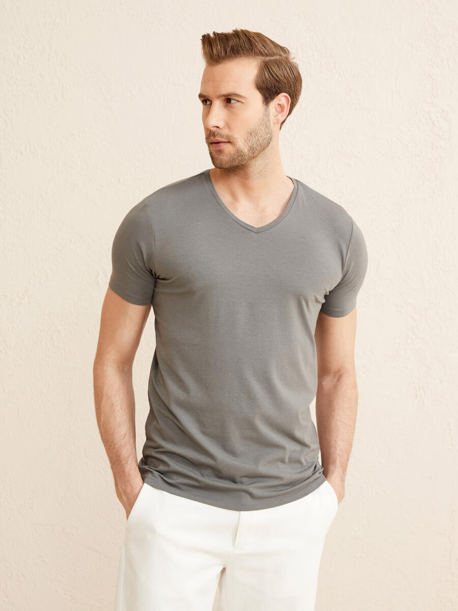 Gri Slim Fit Pamuklu Basic Tişört