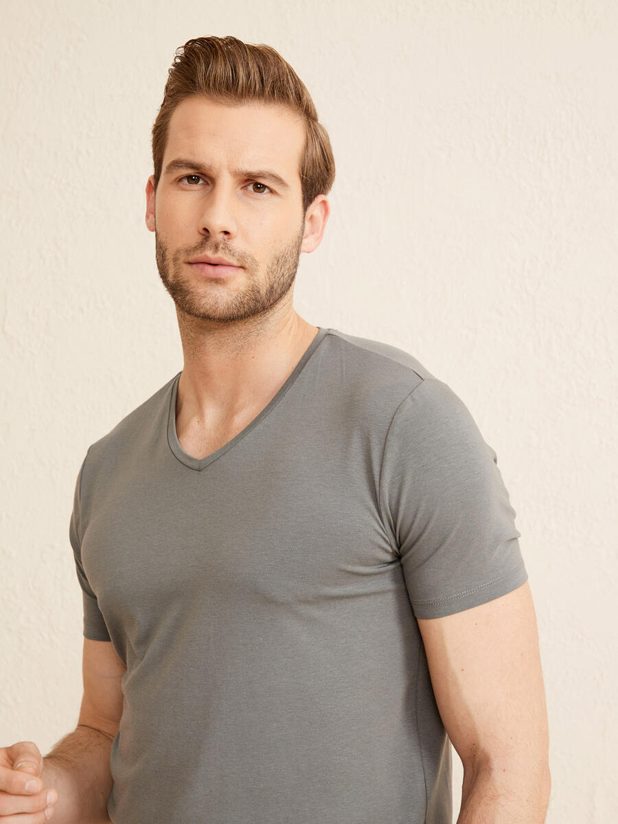 Gri Slim Fit Pamuklu Basic Tişört - 2