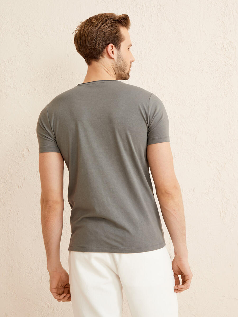 Gri Slim Fit Pamuklu Basic Tişört - 4