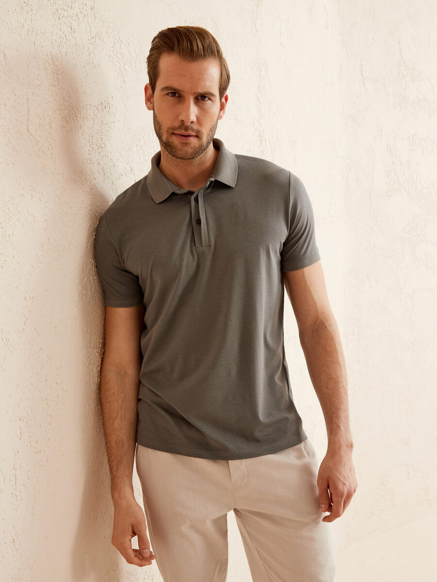 Gri Slim Fit Pamuklu Polo Yaka Basic Tişört