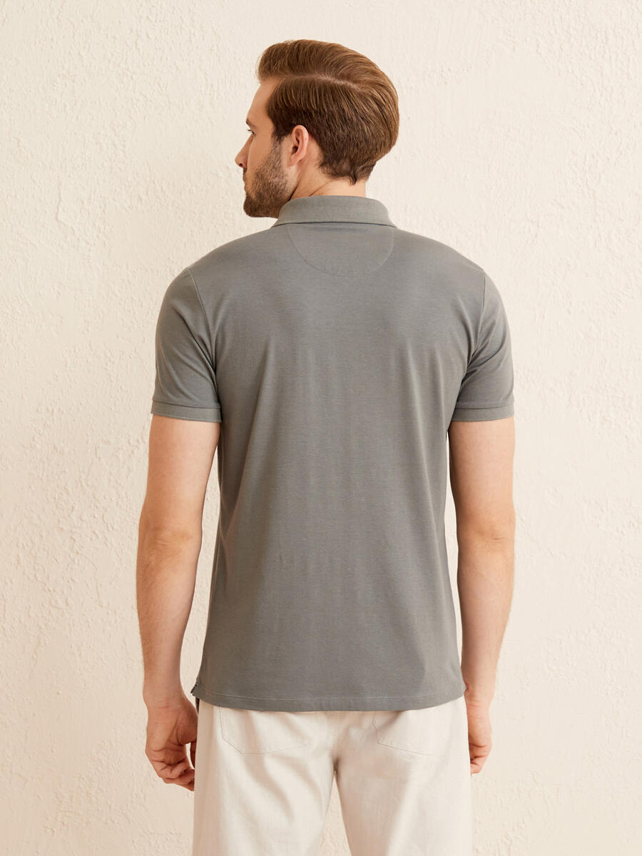 Gri Slim Fit Pamuklu Polo Yaka Basic Tişört - 4