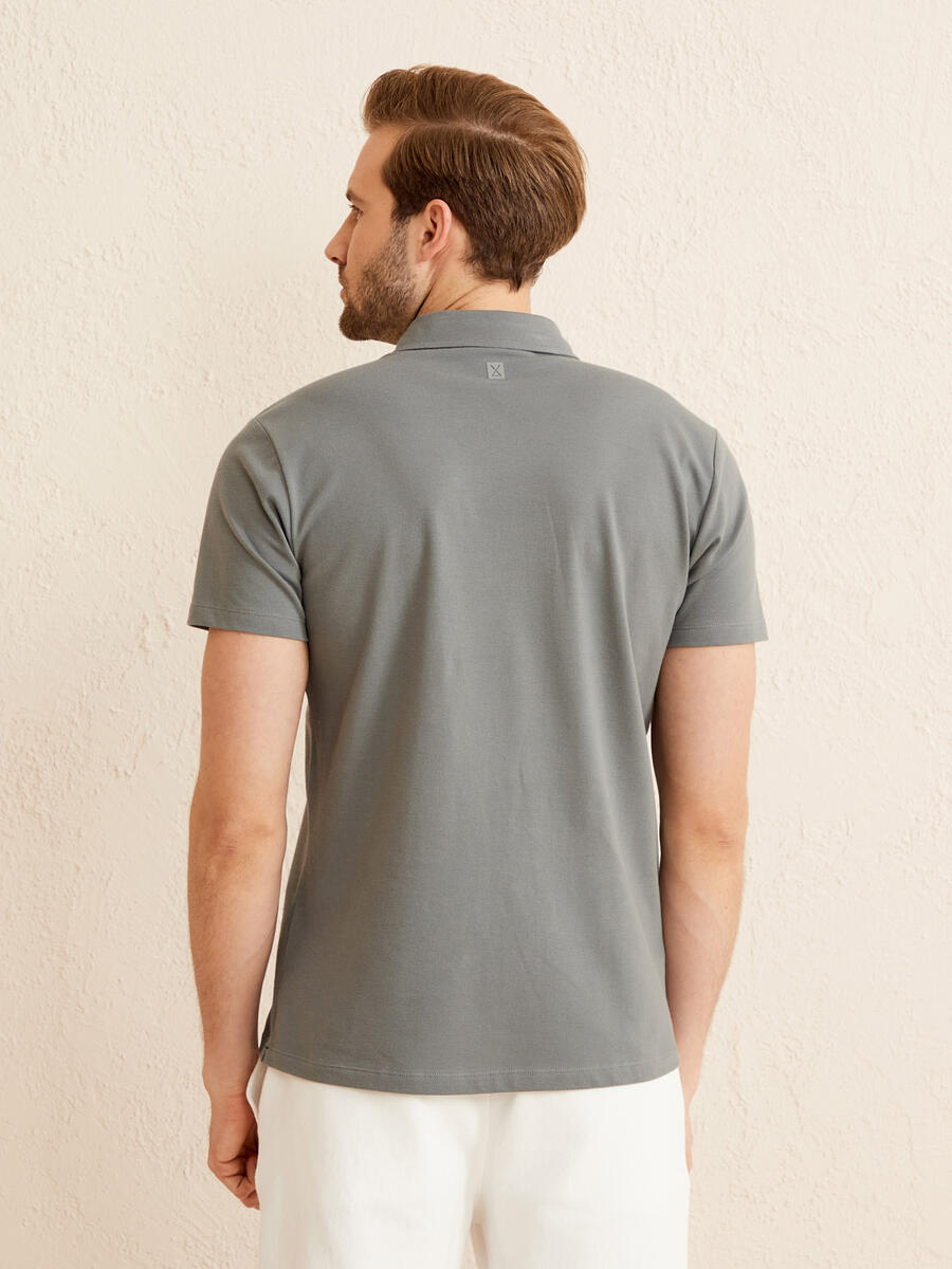 Gri Slim Fit Pamuklu Polo Yaka Tişört - 4