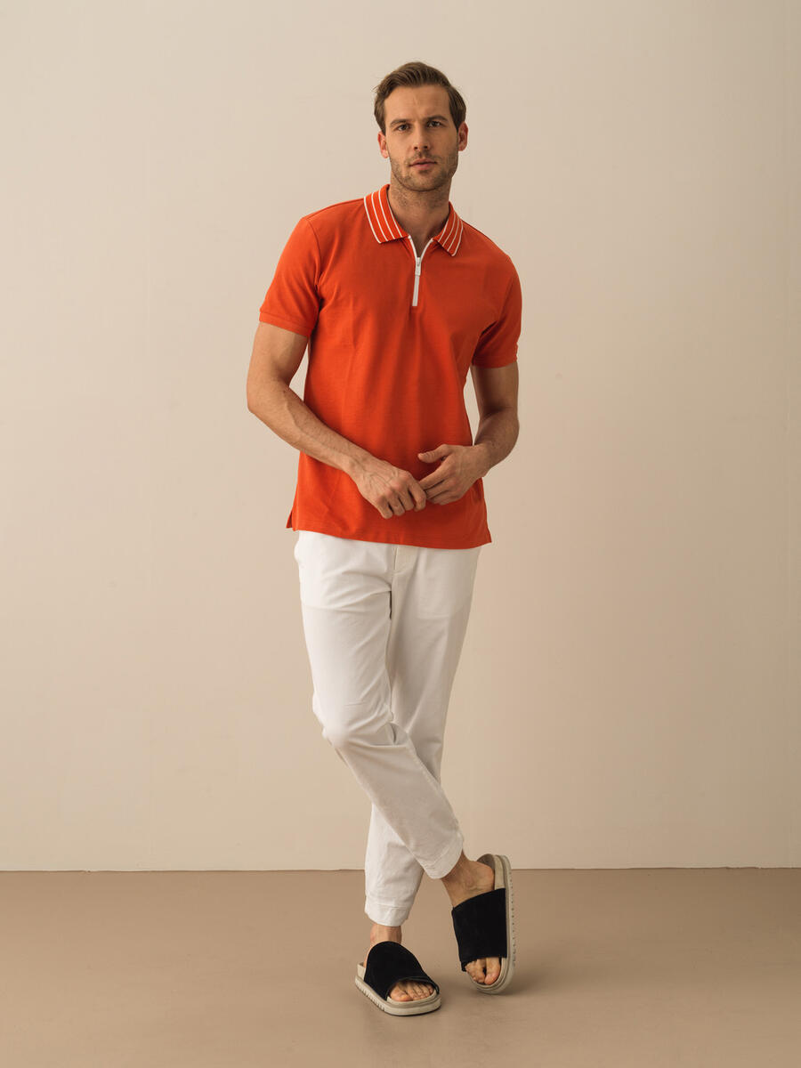Kiremit Rengi Regular Fit Pamuklu Polo Yaka Basic Tişört - 2