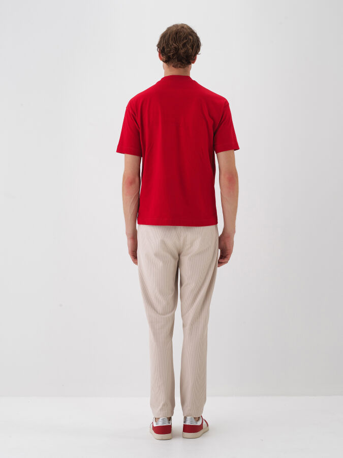 Kırmızı Pamuk Dokulu Regular Fit Tişört - Xint