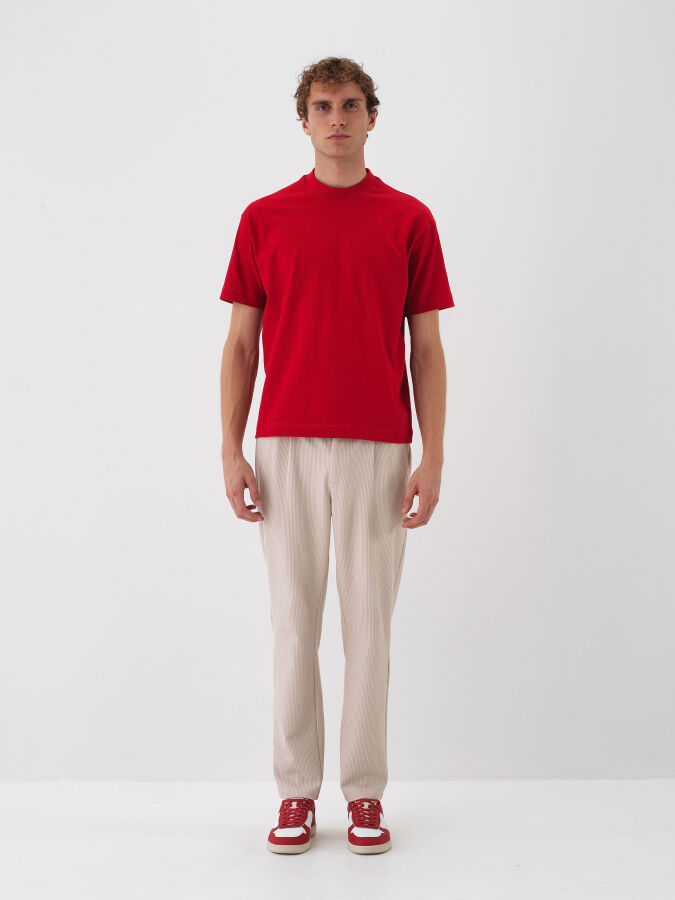 Kırmızı Pamuk Dokulu Regular Fit Tişört - Xint