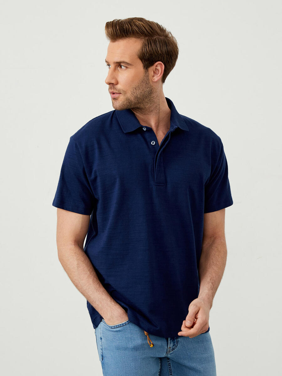 Lacivert Oversize Pamuklu Polo Yaka Basic Tişört - 4