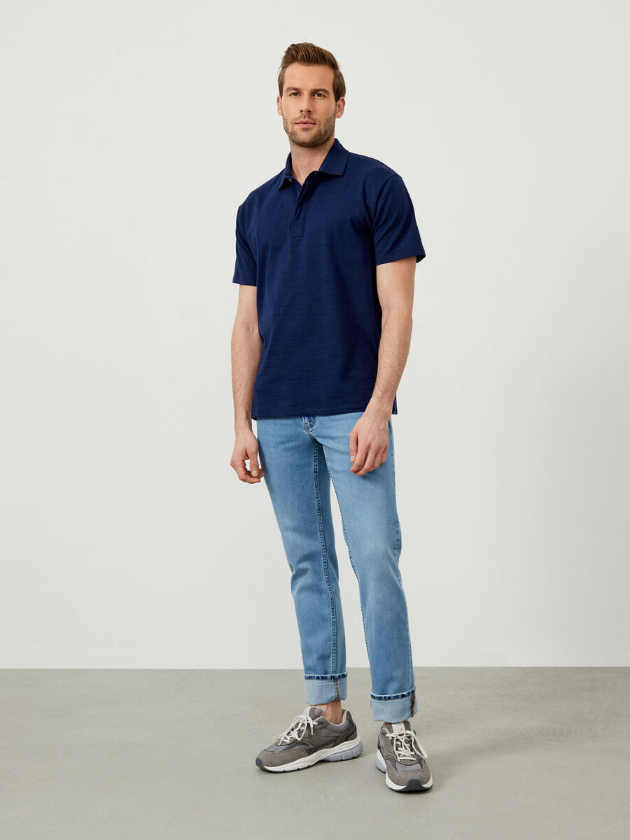 Lacivert Oversize Pamuklu Polo Yaka Basic Tişört - 2