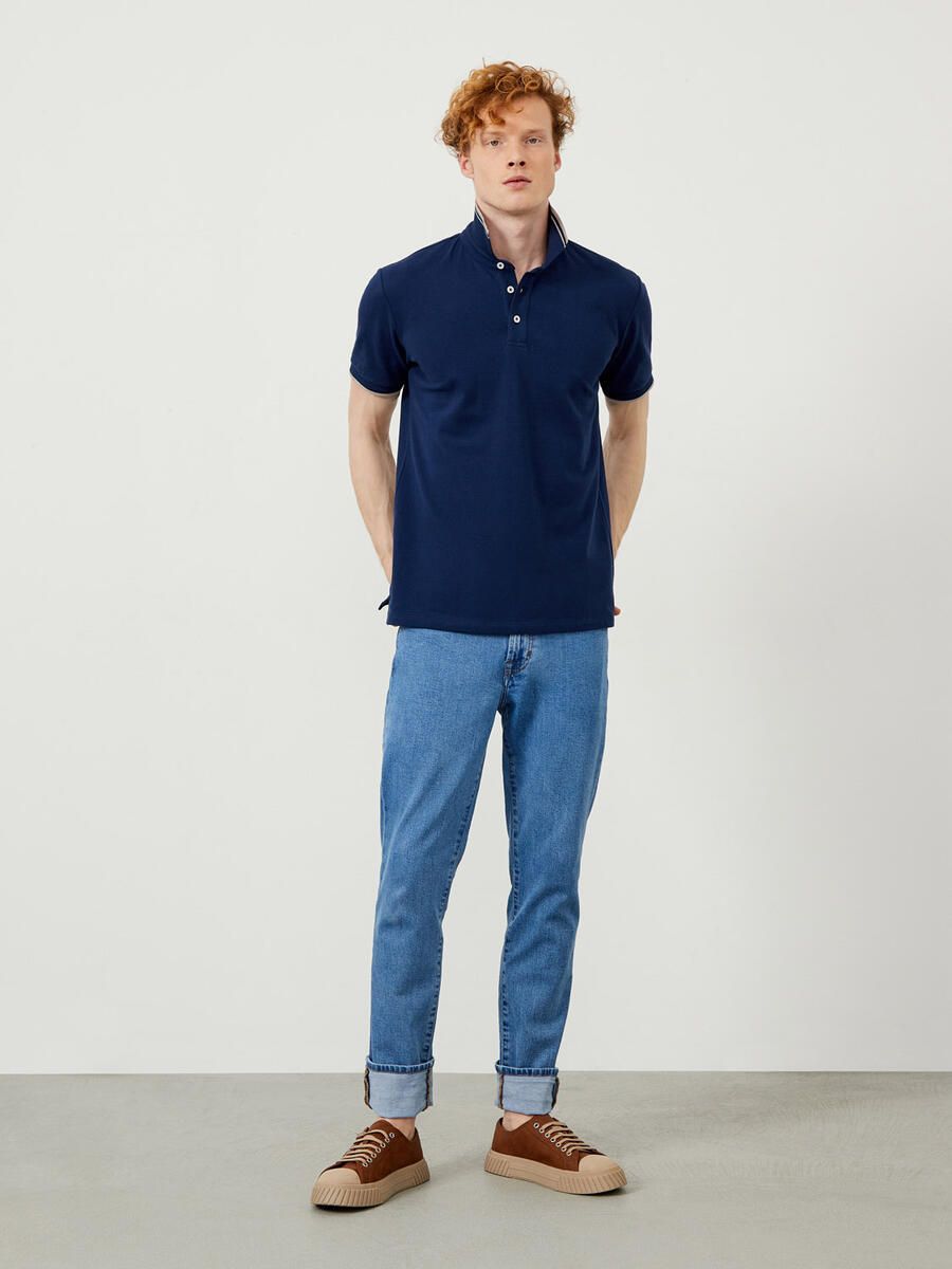 Lacivert Slim Fit Pamuklu Polo Yaka Basic Tişört - 2