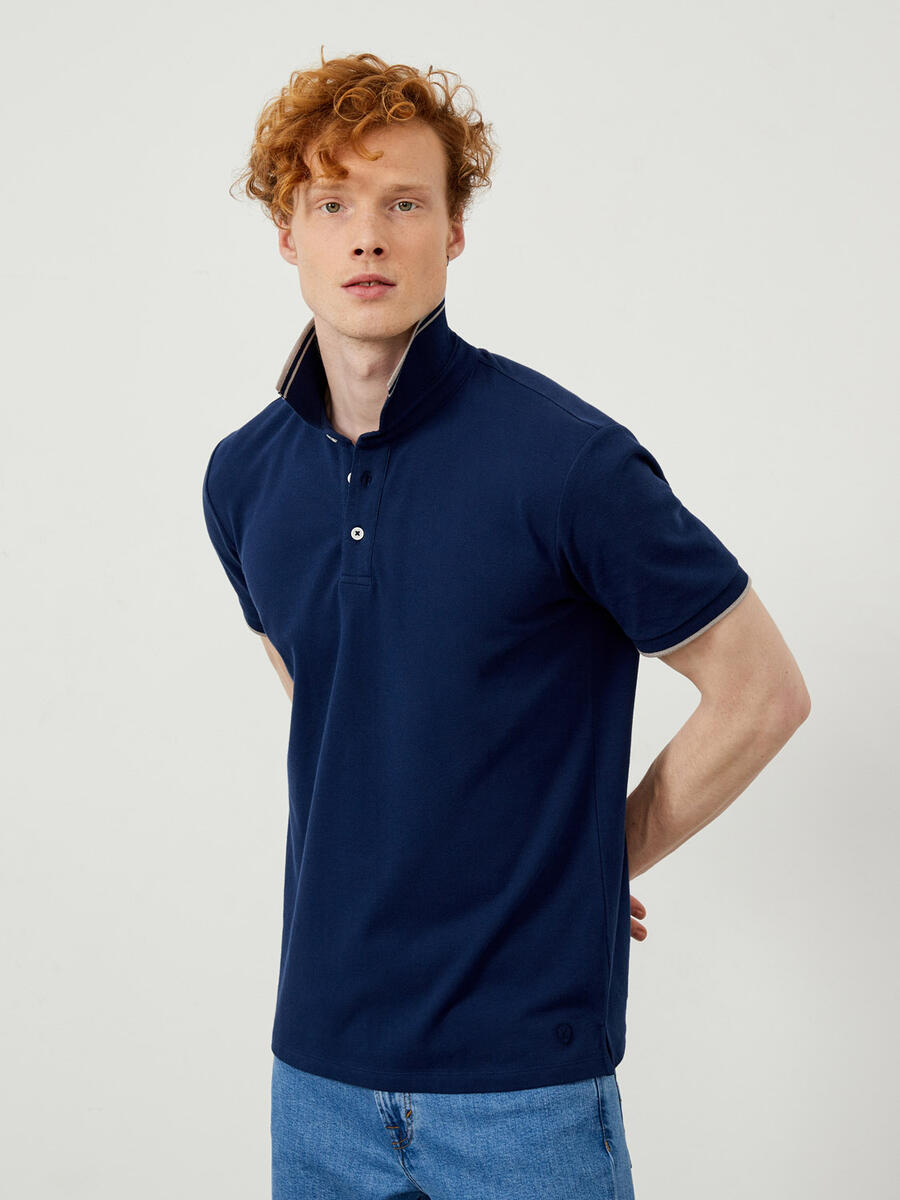 Lacivert Slim Fit Pamuklu Polo Yaka Basic Tişört