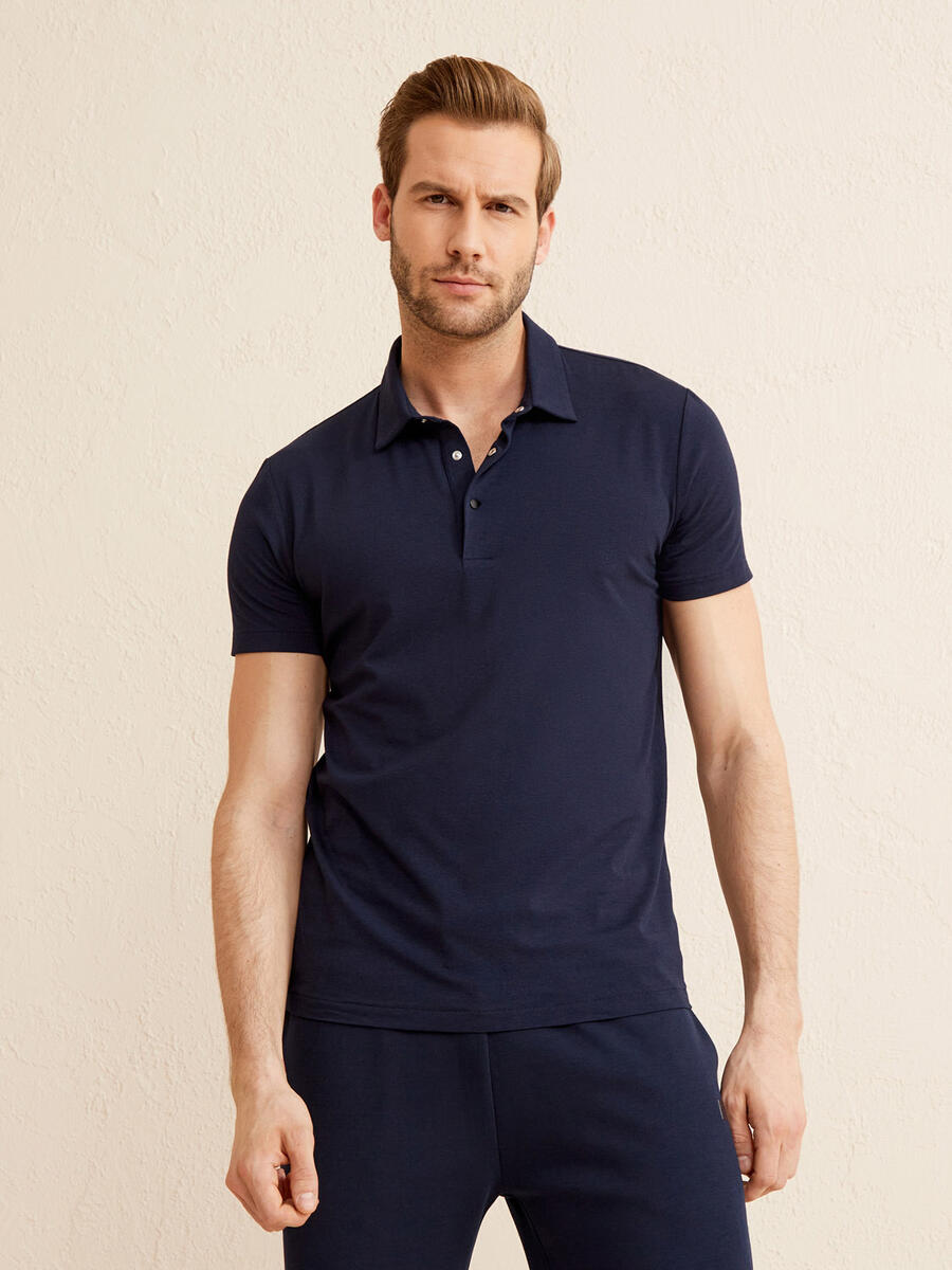 Lacivert Slim Fit Pamuklu Polo Yaka Basic Tişört - 3